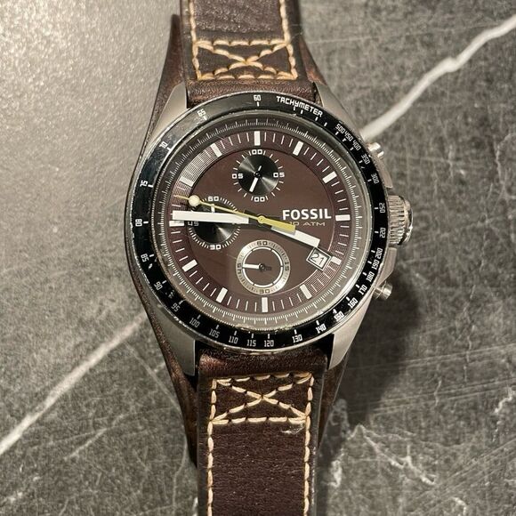 Fossil Mens Tachymeter Chronograph Watch with Brown Leather Band - New Battery - Picture 2 of 5